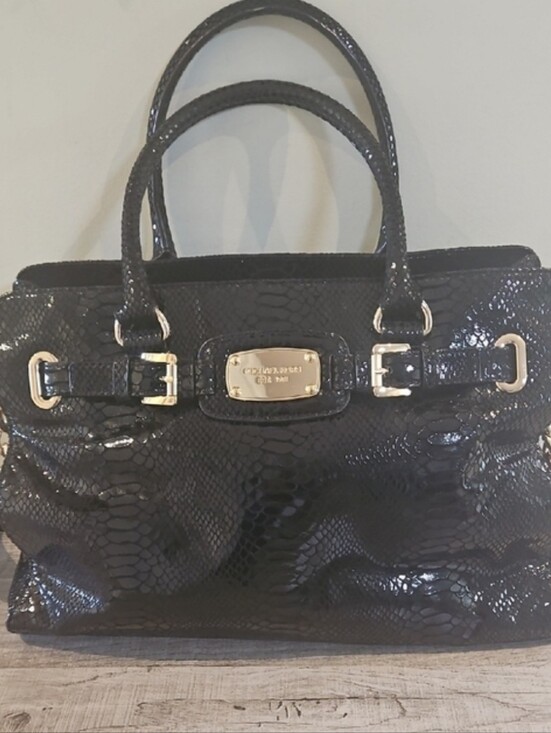 Michael Kors Handbags - Michael Kors Black Patent Snake-Embossed Satchel with Gold Hardware